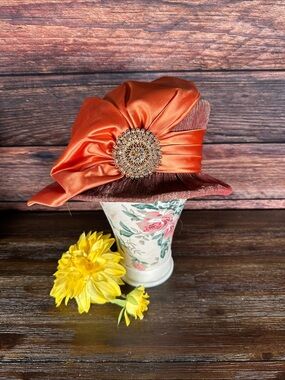 Whittall & Shon Women's Orange Satin Accent Wool Felt Hat with Decorative Brooch